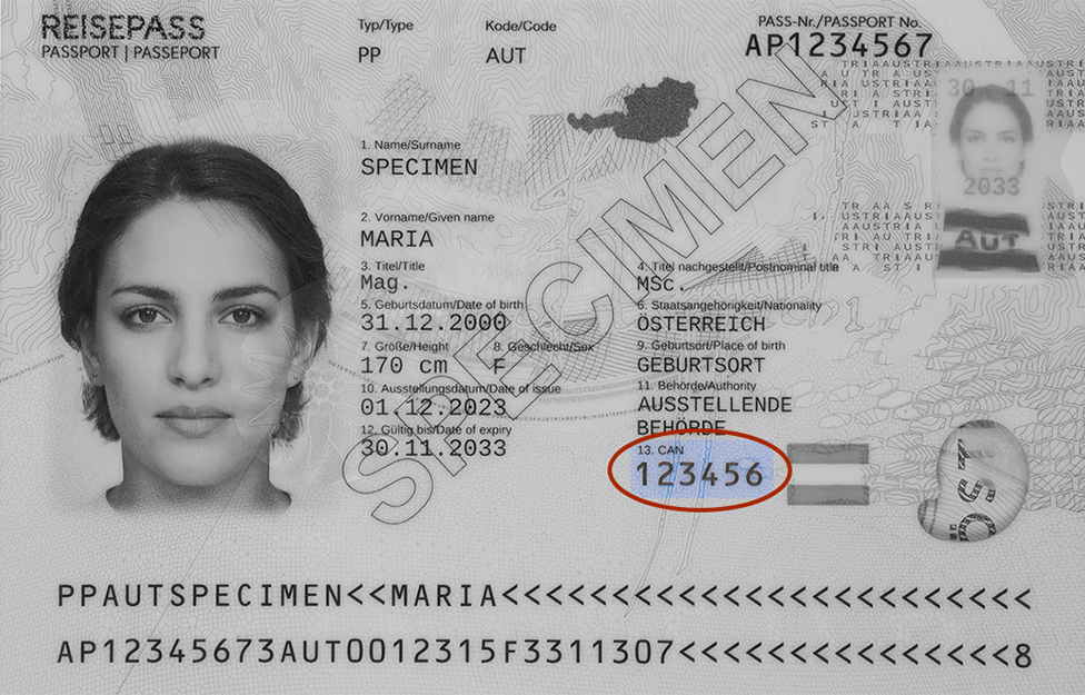 Data page of the Austrian passport with highlighted CAN number in the bottom right area
